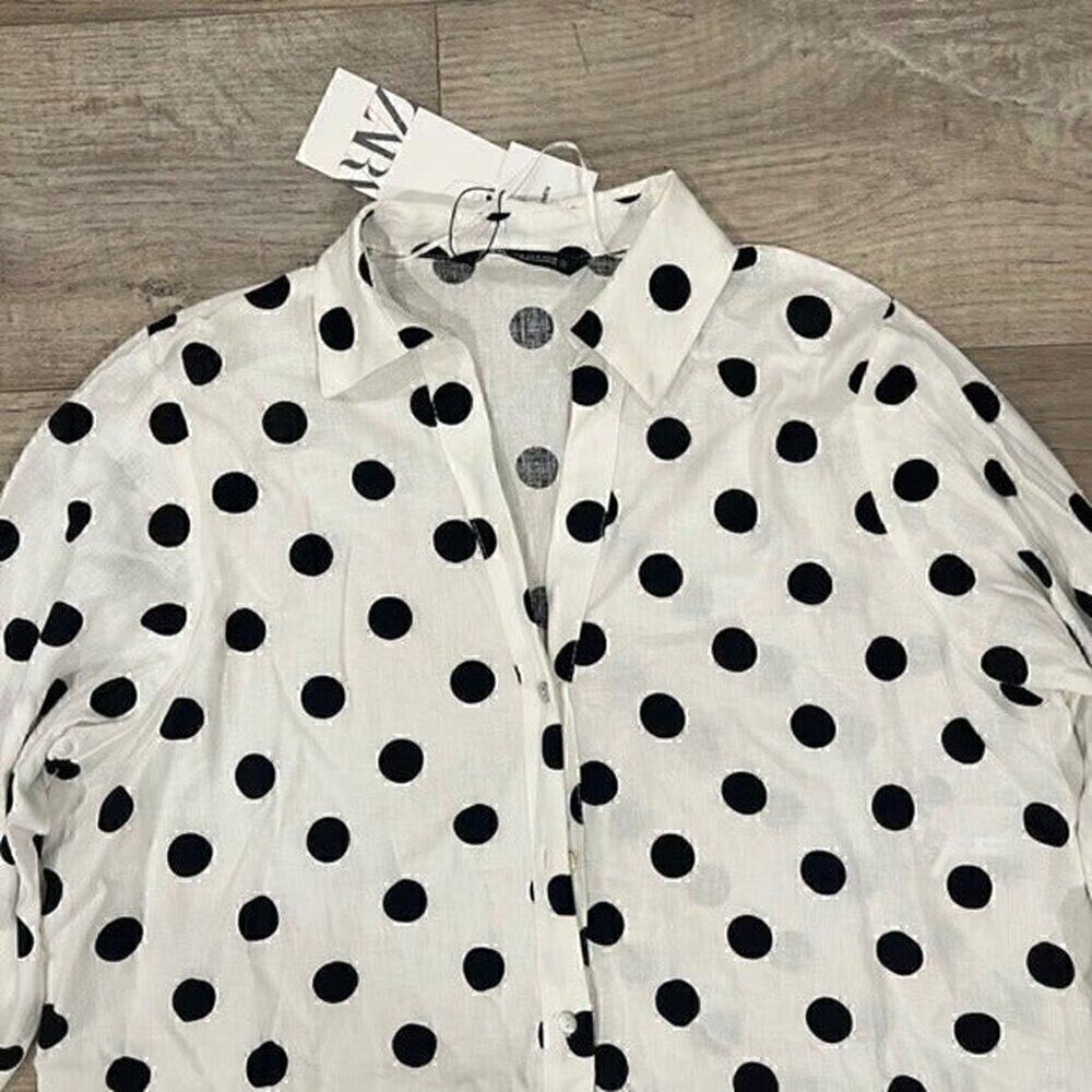 ZARA Polka Dot Linen Blend Oversized Shirt NWT French Girl Blouse - Picture 13 of 14